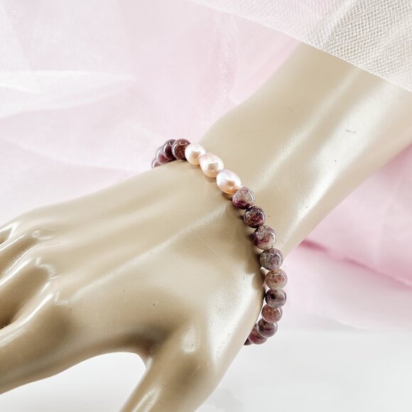 Pink Tourmaline & Edison Pearl Bracelet, Dainty Stackable Stretch Bracelet - Picture 7 of 11